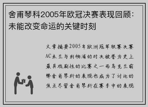 舍甫琴科2005年欧冠决赛表现回顾：未能改变命运的关键时刻